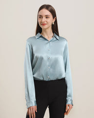 Classic Pearl Button Silk Shirt For Women Haze Blue