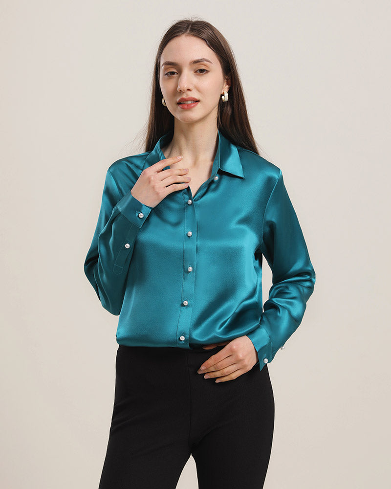 Classic Pearl Button Silk Shirt For Women Peacock Blue