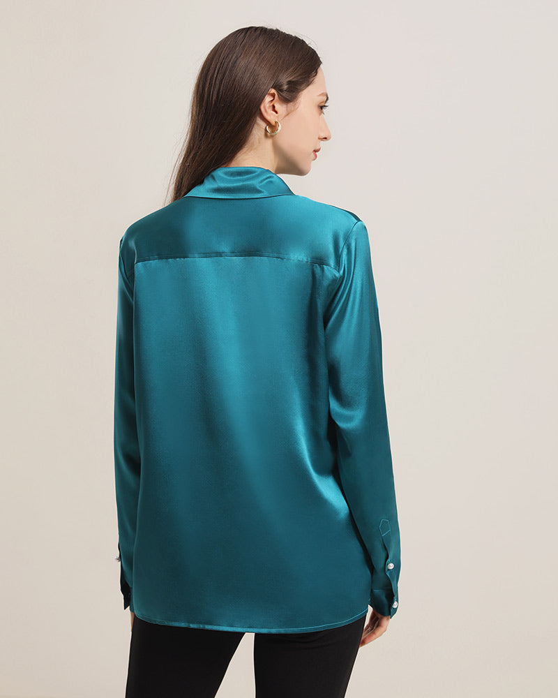 Classic Pearl Button Silk Shirt For Women Peacock Blue