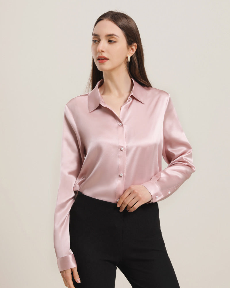 Classic Pearl Button Silk Shirt For Women Pink