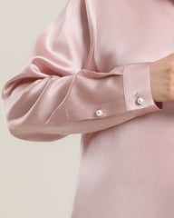 Classic Pearl Button Silk Shirt For Women Pink