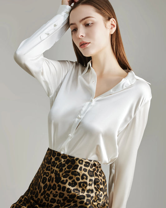 Classic Pearl Button Silk Shirt For Women White