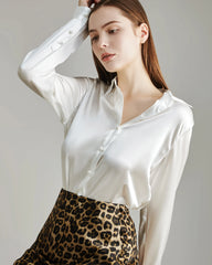Classic Pearl Button Silk Shirt For Women White