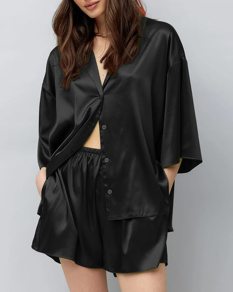 Classic Plus Size Silk Pajama Set Black