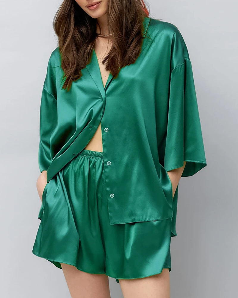 Classic Plus Size Silk Pajama Set Dark Green