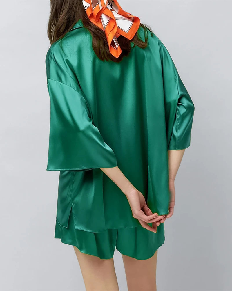 Classic Plus Size Silk Pajama Set Dark Green