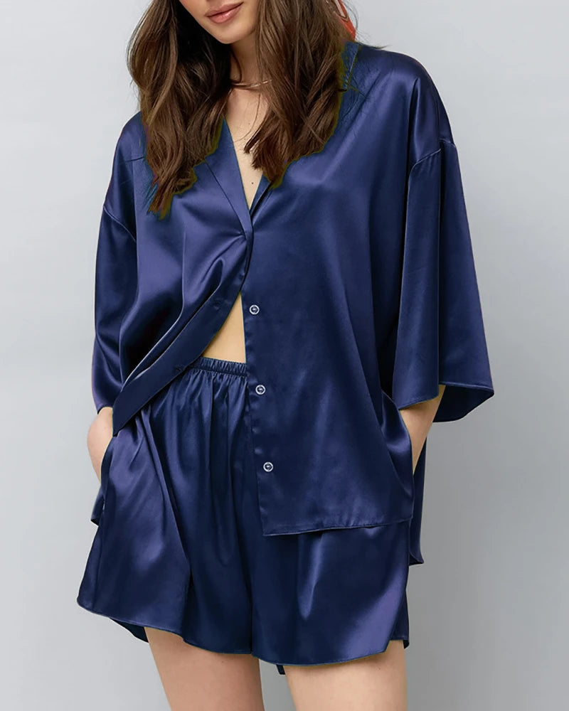 Classic Plus Size Silk Pajama Set Navy