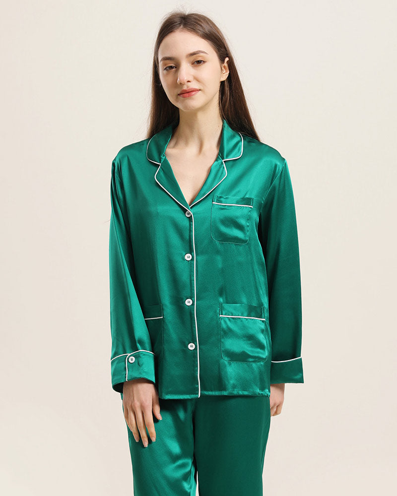 Classic Silk Pajamas For Women At Home Dark Green