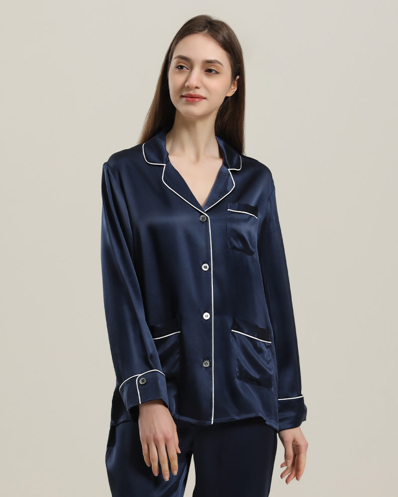 Classic Silk Pajamas For Women At Home Navy