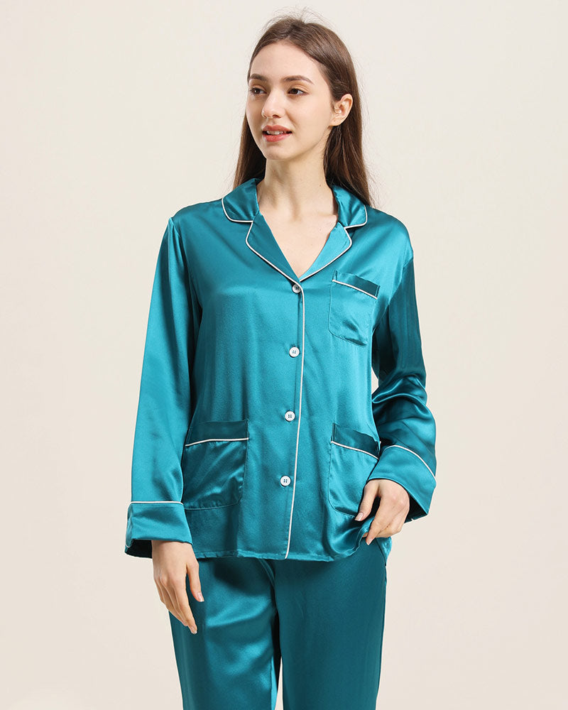 Classic Silk Pajamas For Women At Home Peacock Blue