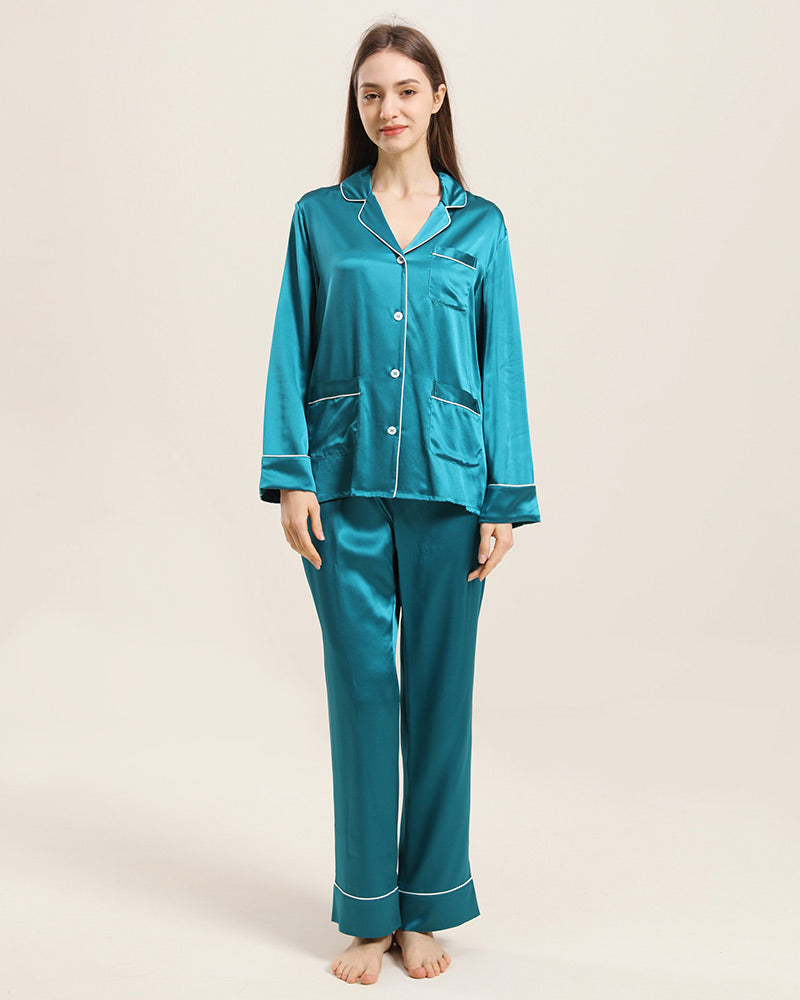 Classic Silk Pajamas For Women At Home Peacock Blue