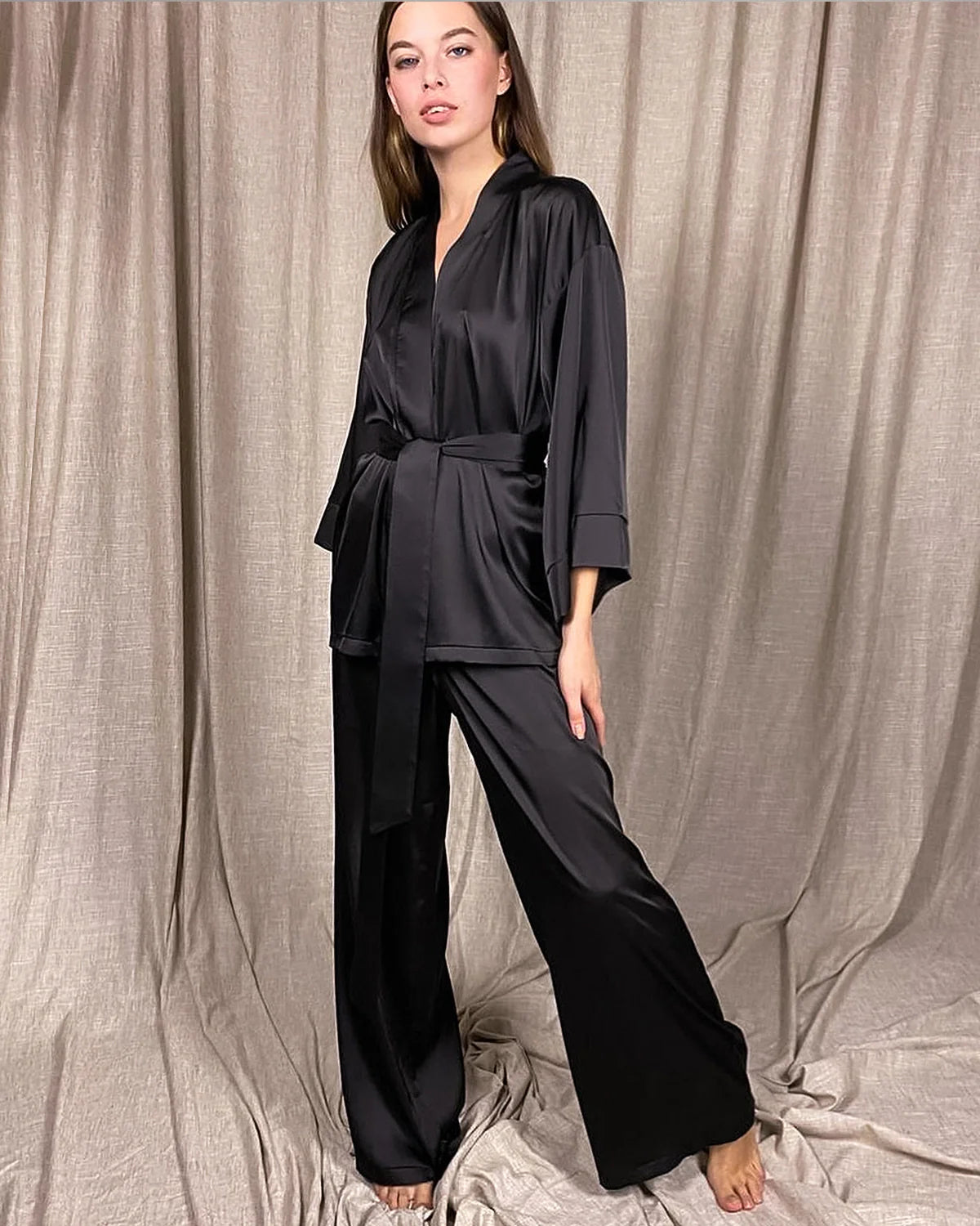 Classic Silk Robe and Pants Set for Women Black