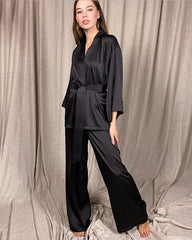 Classic Silk Robe and Pants Set for Women Black