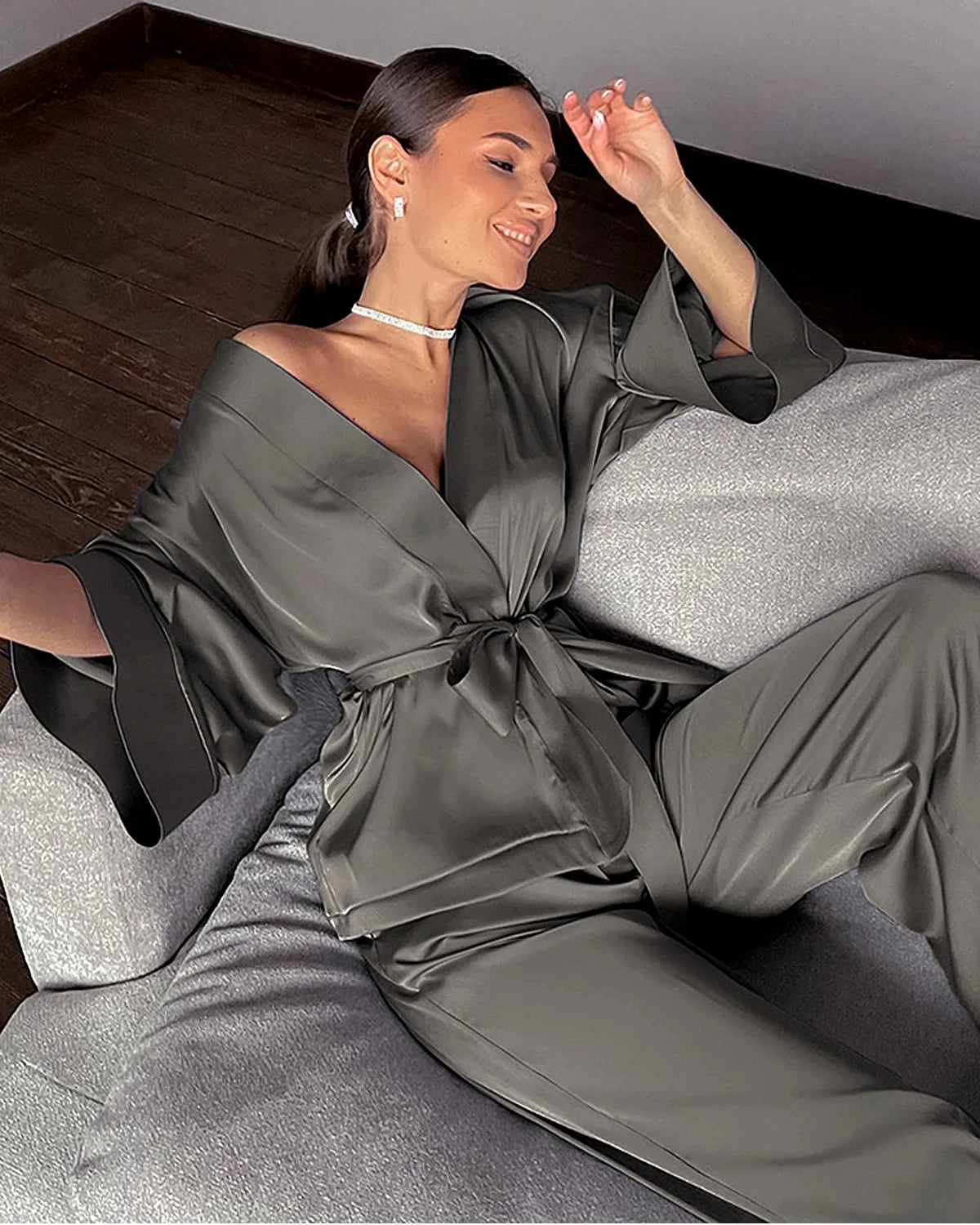 Classic Silk Robe and Pants Set for Women Dark Grey