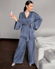 Classic Silk Robe and Pants Set for Women Dusty Blue