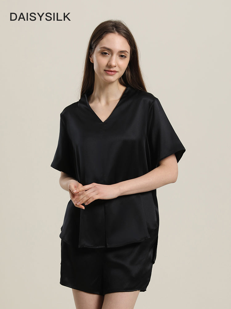 Classic Silk Short-Sleeve Shorts Pajama Set Black