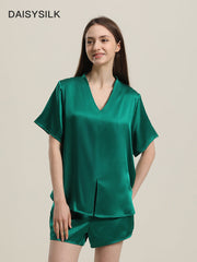 Classic Silk Short-Sleeve Shorts Pajama Set Dark Green