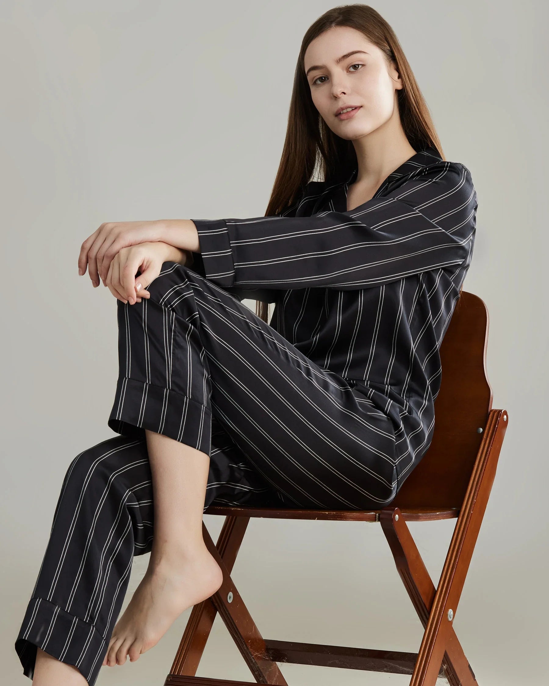 Classic Striped Silk Pajamas Set Black