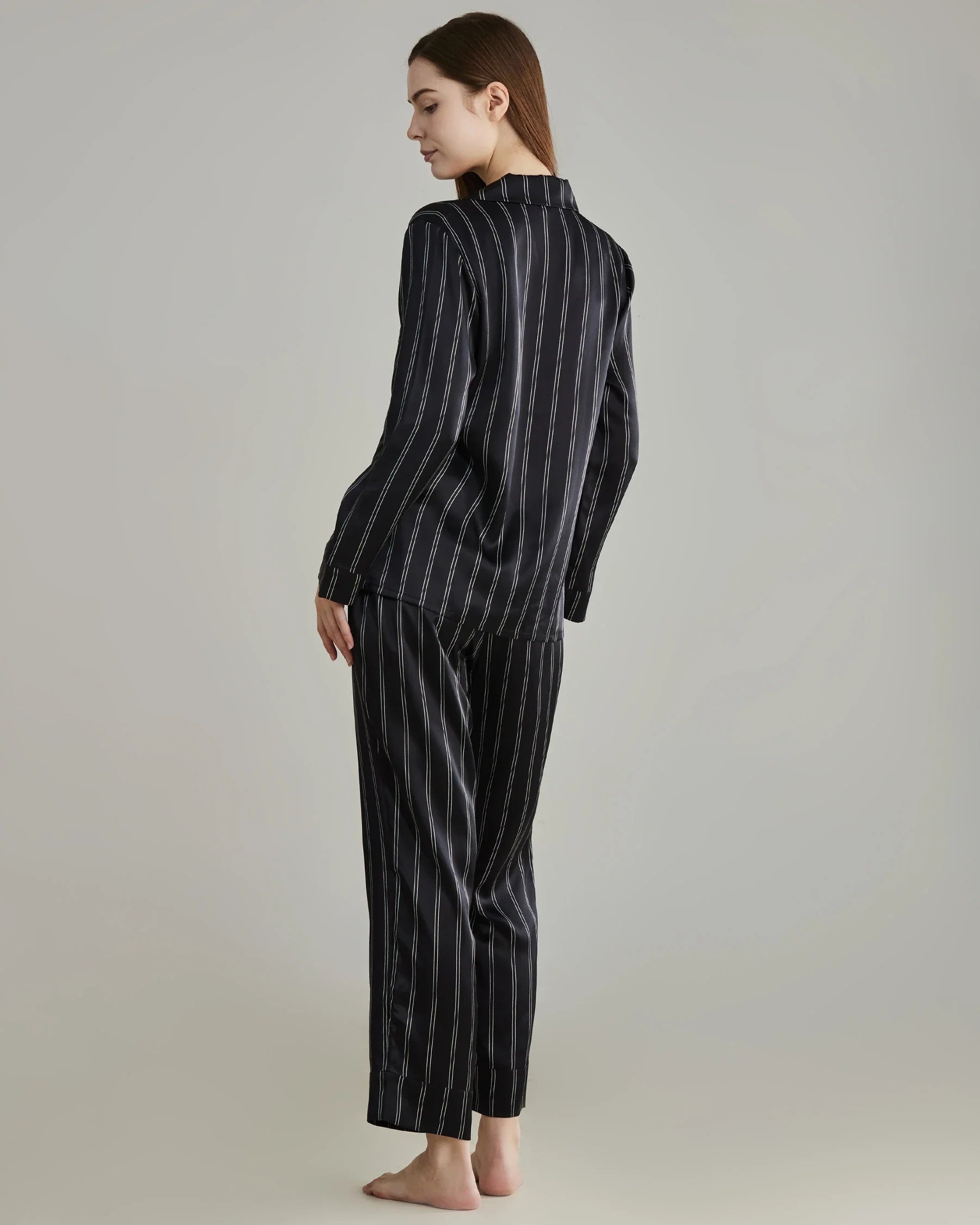 Classic Striped Silk Pajamas Set Black