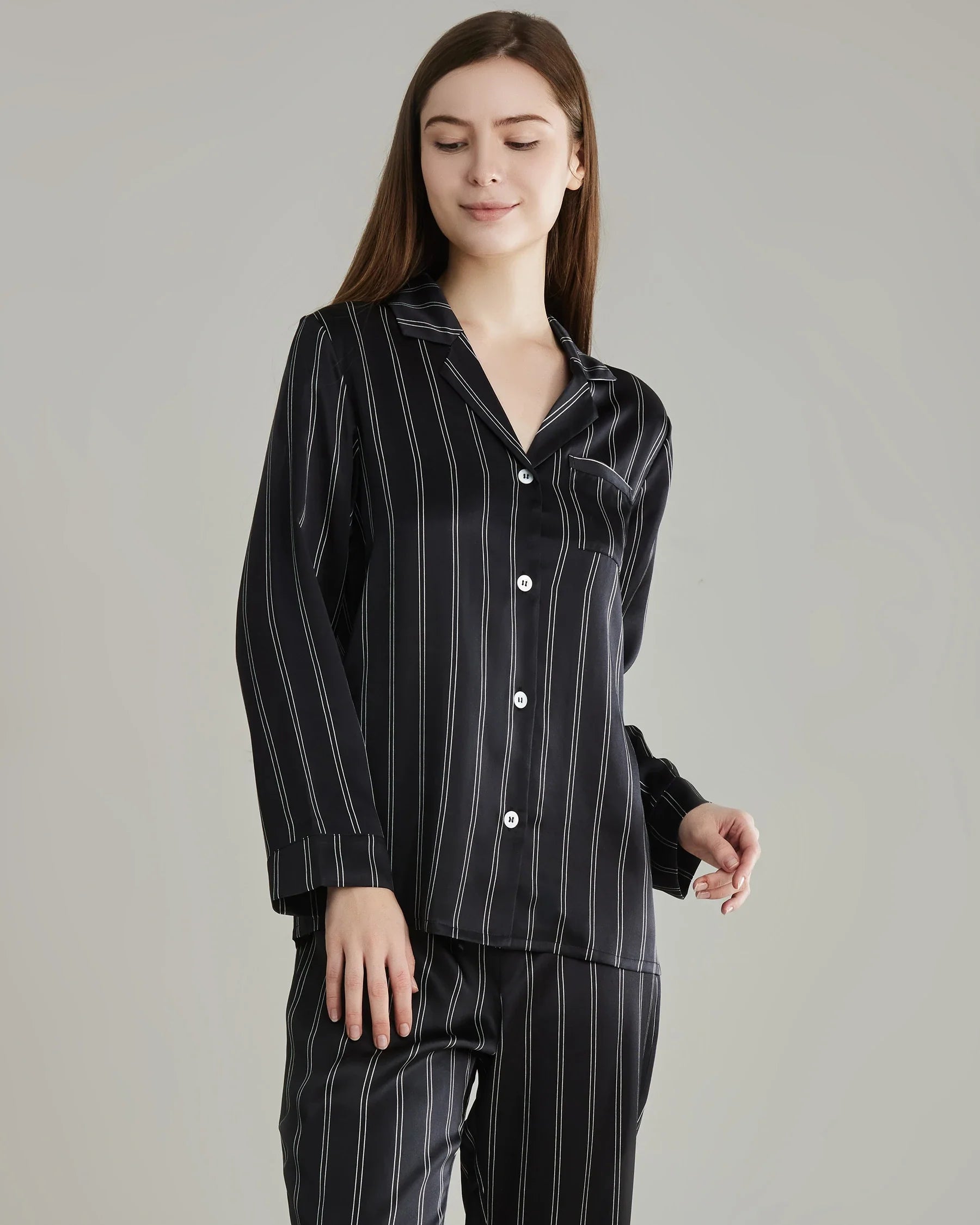 Classic Striped Silk Pajamas Set Black