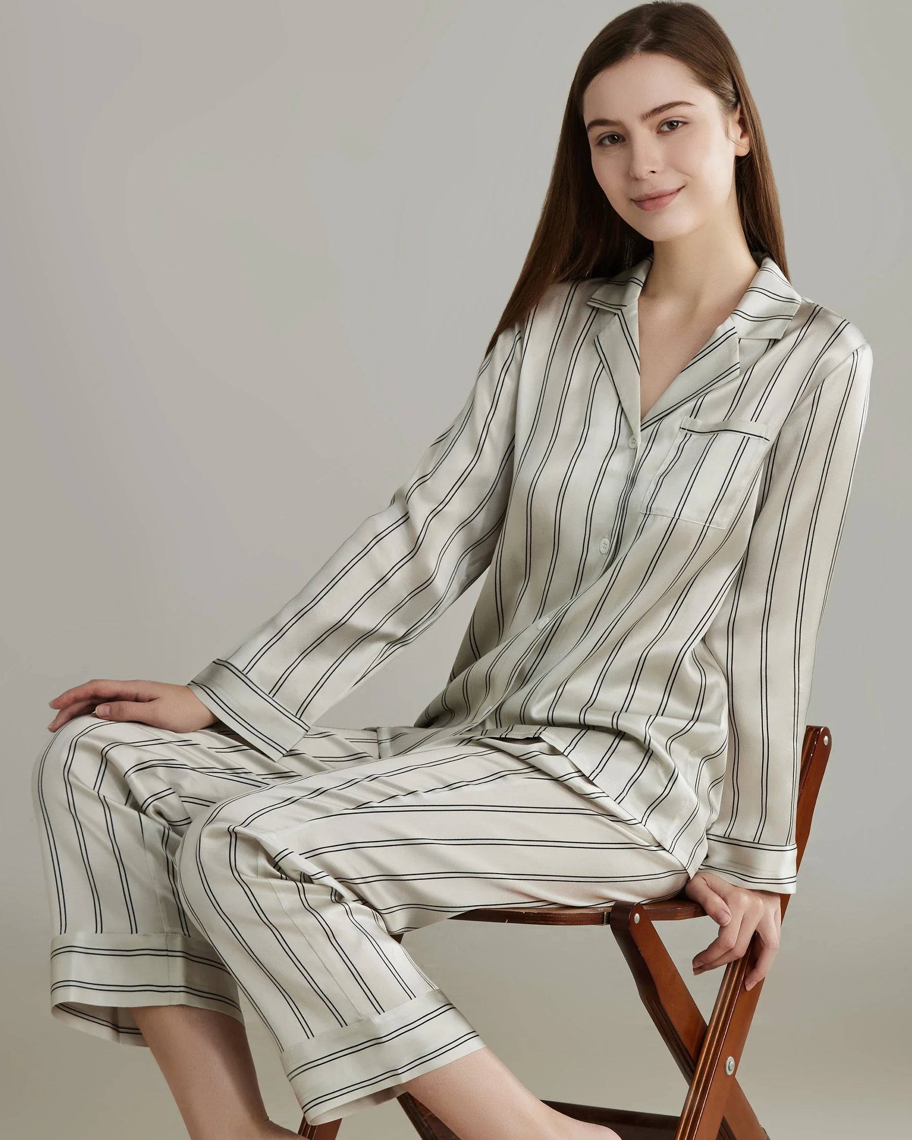 Classic Striped Silk Pajamas Set White