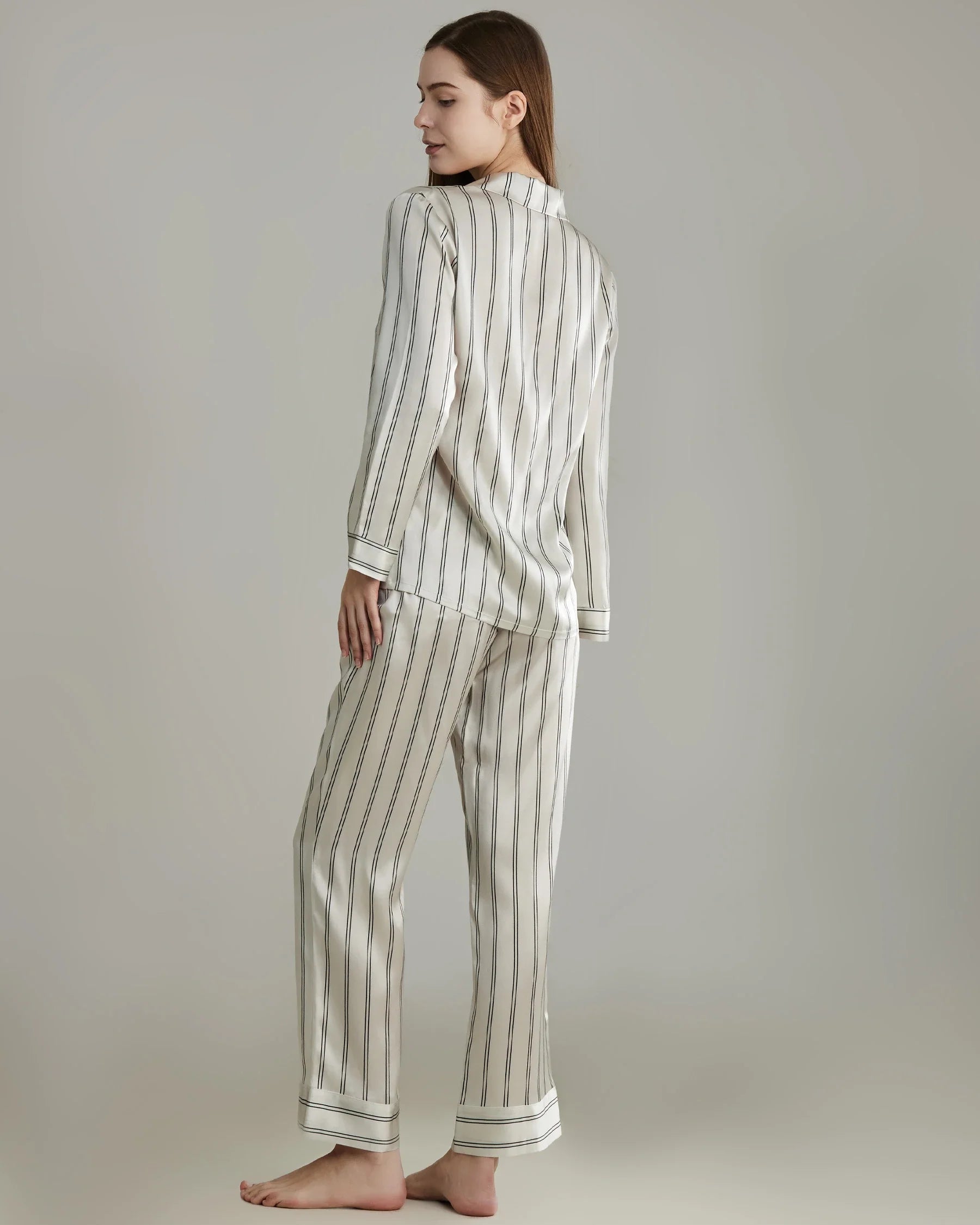 Classic Striped Silk Pajamas Set White