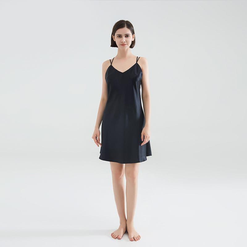 Classic V-Neck Short Silk Nightgown Sleepwear Black