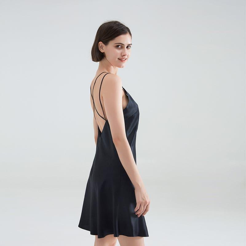 Classic V-Neck Short Silk Nightgown Sleepwear Black