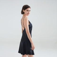 Classic V-Neck Short Silk Nightgown Sleepwear Black