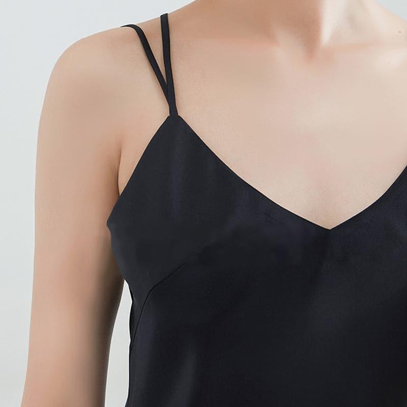 Classic V-Neck Short Silk Nightgown Sleepwear Black