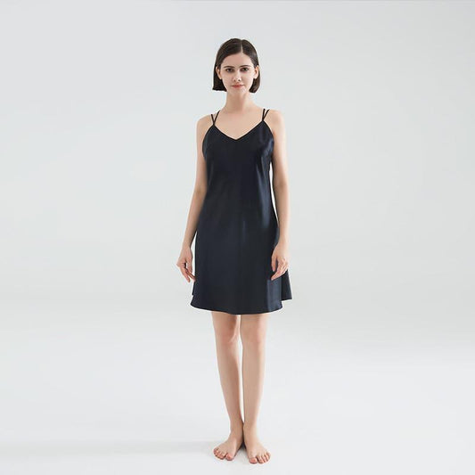 Classic V-Neck Short Silk Nightgown Sleepwear Black