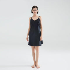 Classic V-Neck Short Silk Nightgown Sleepwear Black