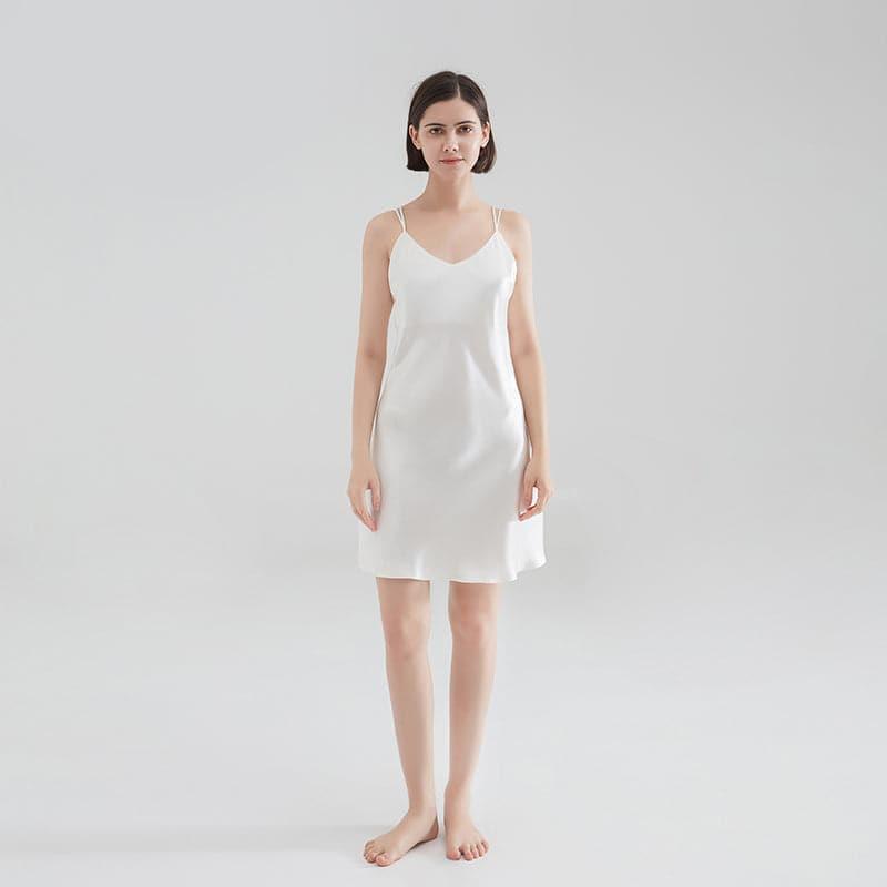 Classic V-Neck Short Silk Nightgown Sleepwear White