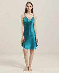 Close Fitting Silk Nightgown Peacock Blue