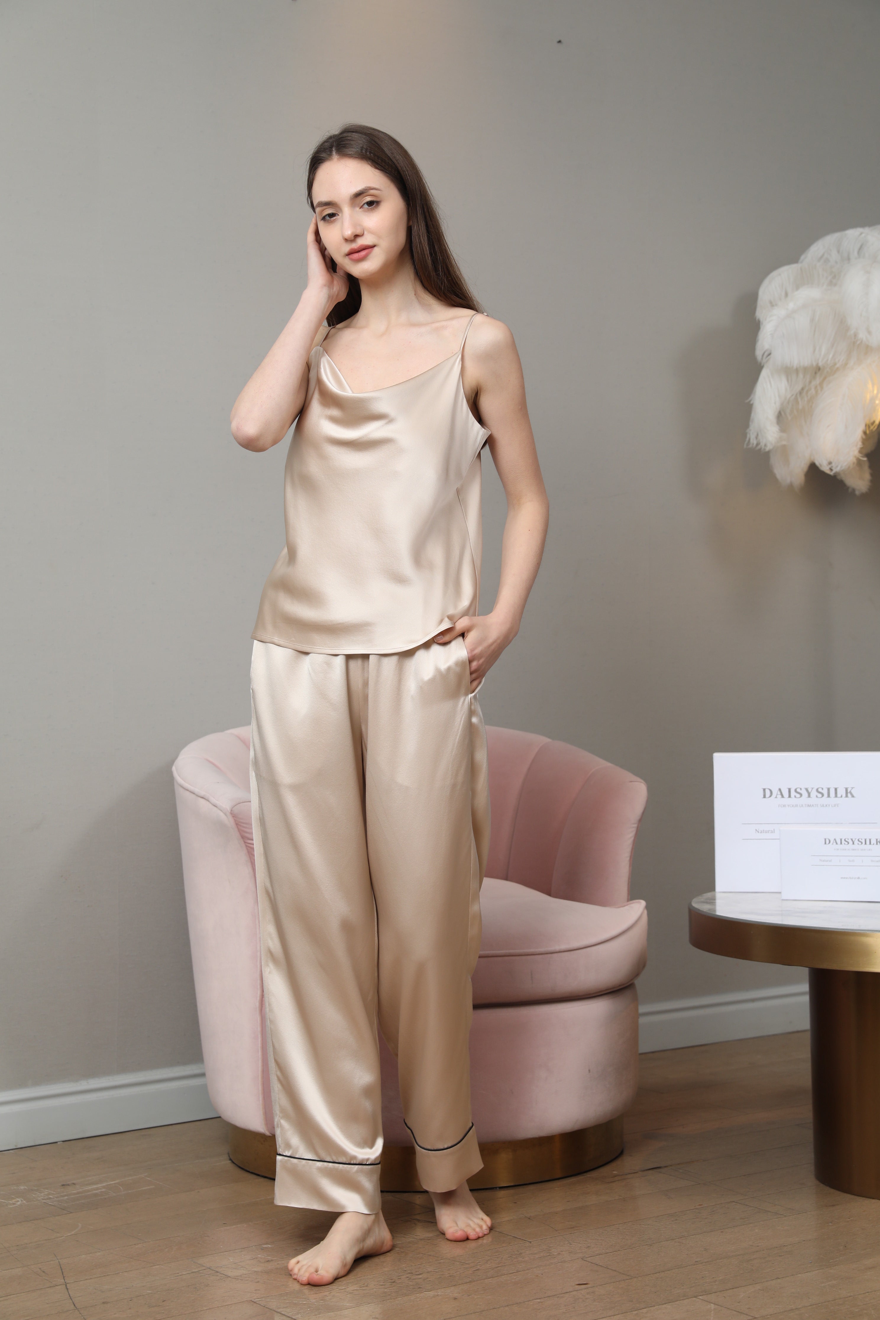 Cowl Neck Camisole Silk Pajama Set Champagne