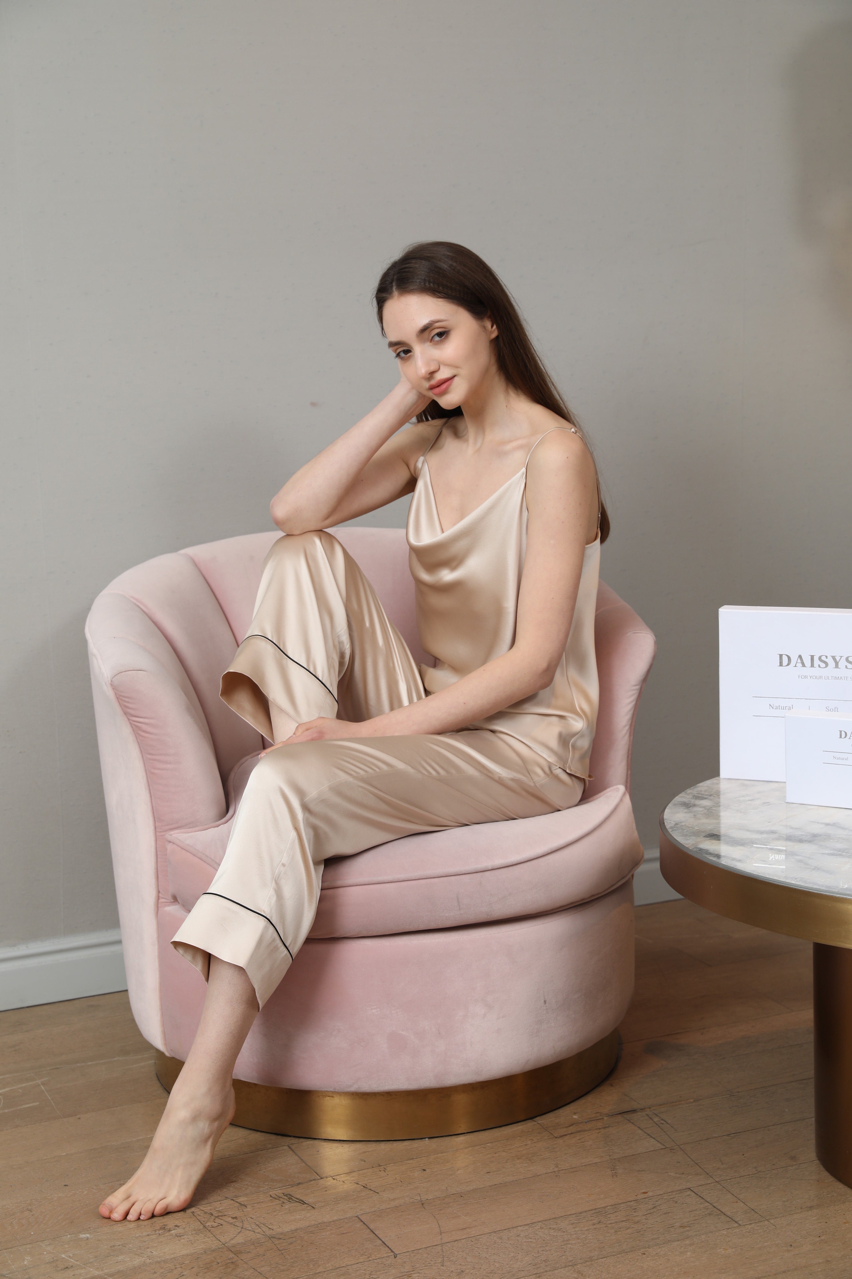 Cowl Neck Camisole Silk Pajama Set Champagne