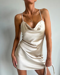 Cowl Neck Cross Back Mini Silk Dress Champagne