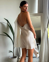 Cowl Neck Cross Back Mini Silk Dress Champagne