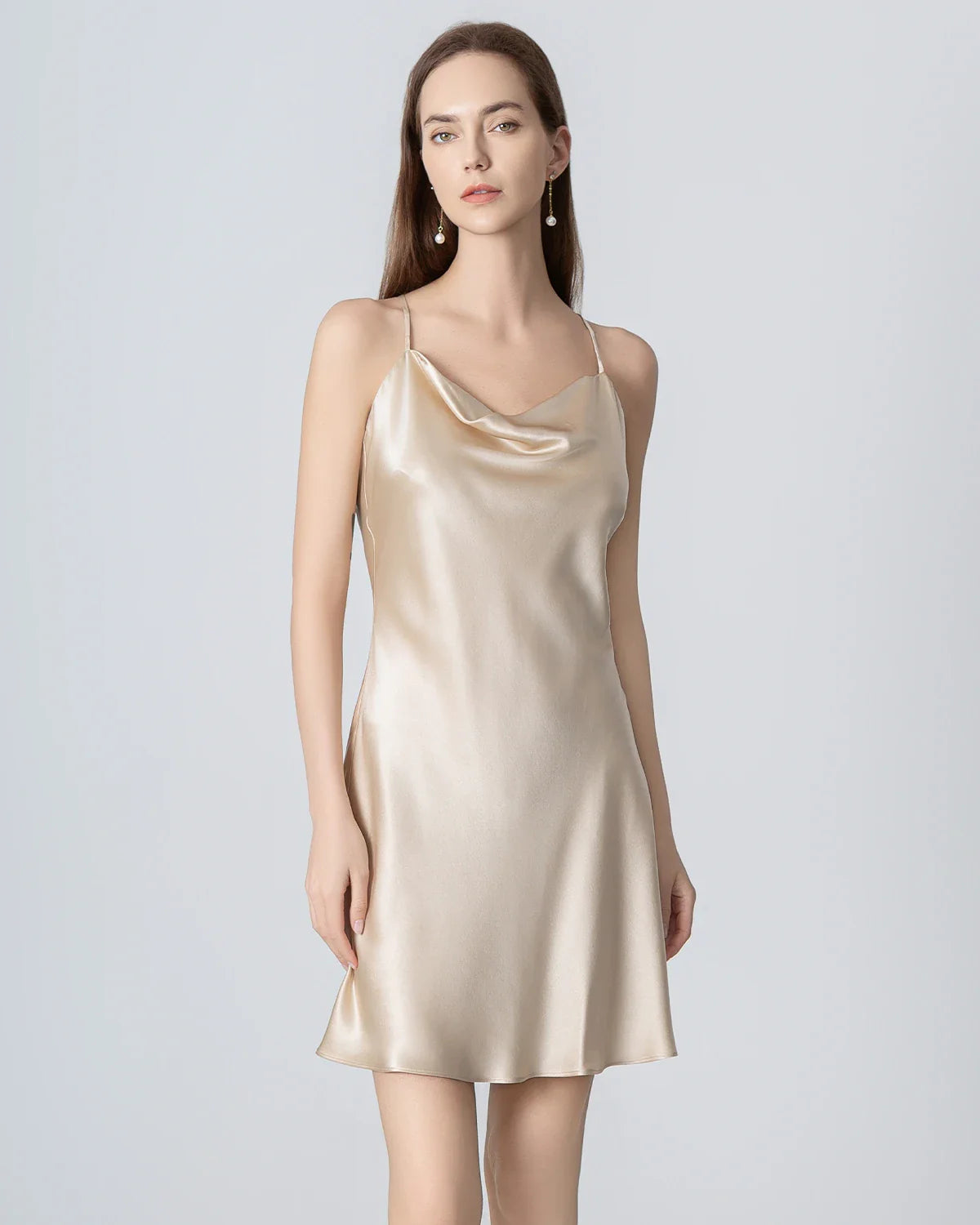 Cowl Neck Cross Back Mini Silk Dress Champagne