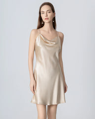 Cowl Neck Cross Back Mini Silk Dress Champagne