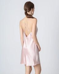 Cowl Neck Cross Back Mini Silk Dress Rose Pink