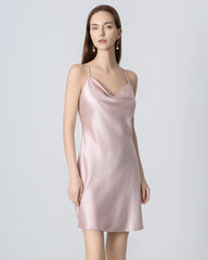 Cowl Neck Cross Back Mini Silk Dress Rose Pink