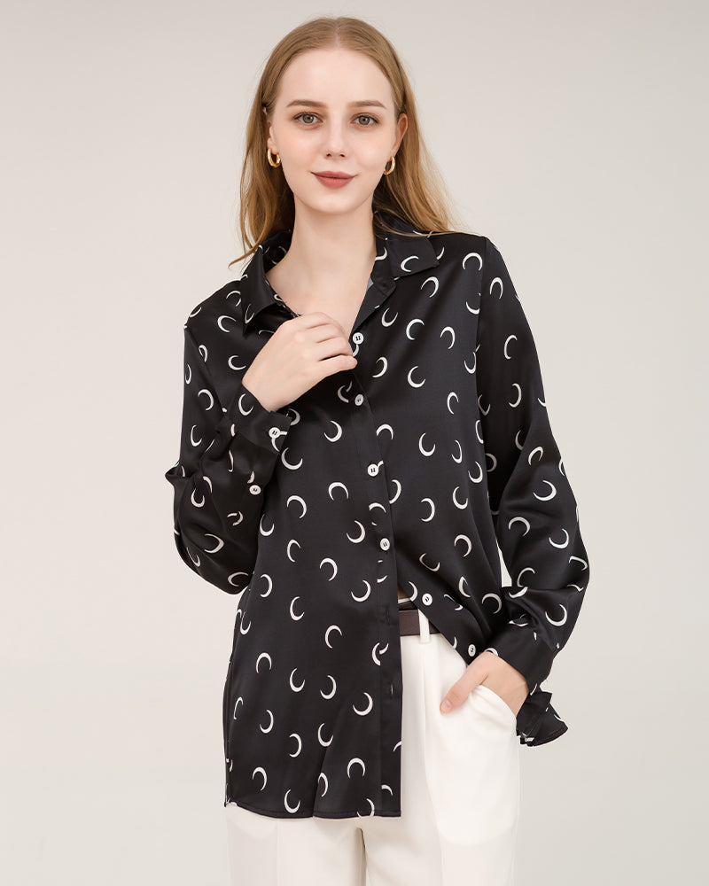Crescent Moon Print Silk Blouse Shirts Black