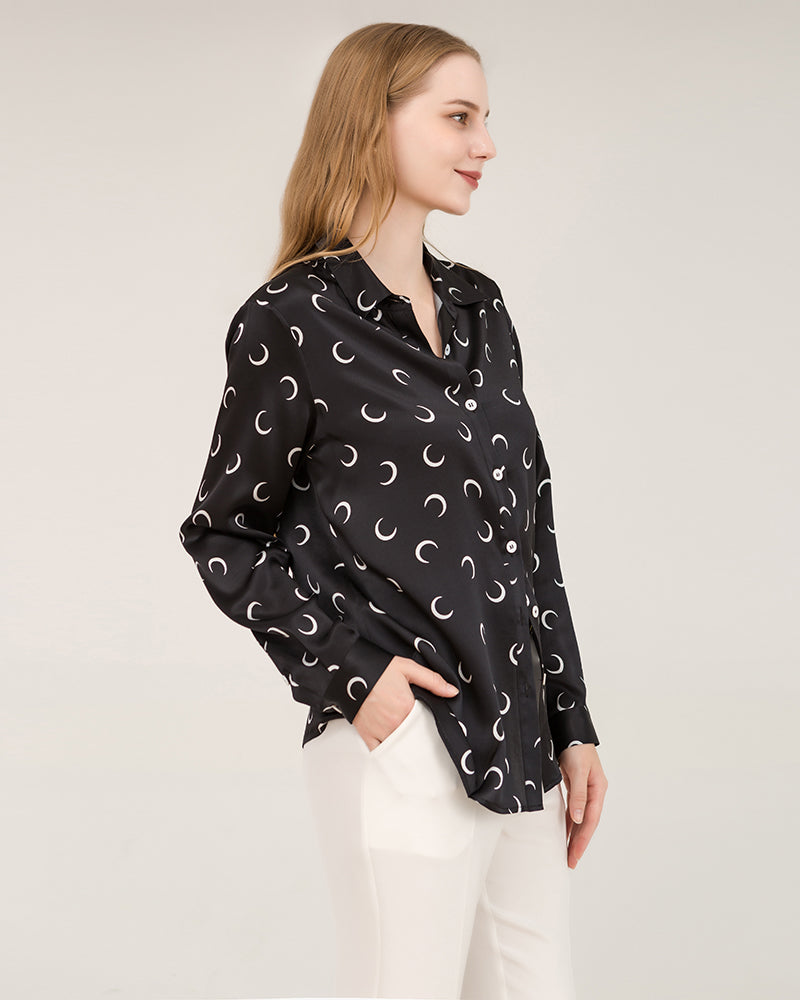 Crescent Moon Print Silk Blouse Shirts Black