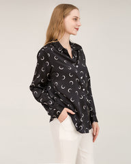 Crescent Moon Print Silk Blouse Shirts Black