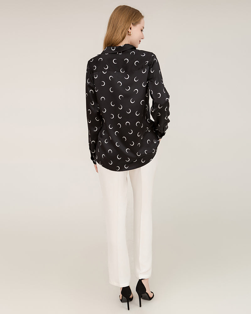 Crescent Moon Print Silk Blouse Shirts Black