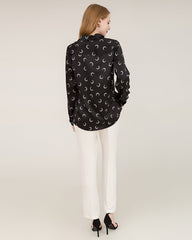 Crescent Moon Print Silk Blouse Shirts Black