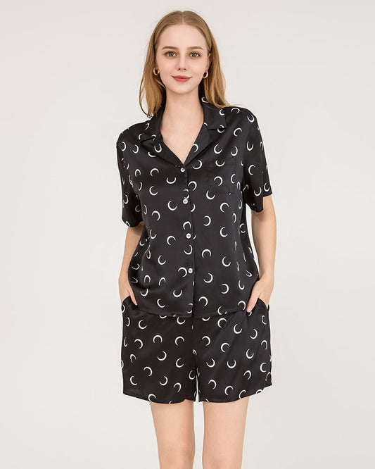 100% Silk Crescent Print Short Pajamas Set - Shirt & Shorts Black