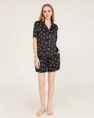 100% Silk Crescent Print Short Pajamas Set - Shirt & Shorts Black