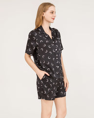 100% Silk Crescent Print Short Pajamas Set - Shirt & Shorts Black